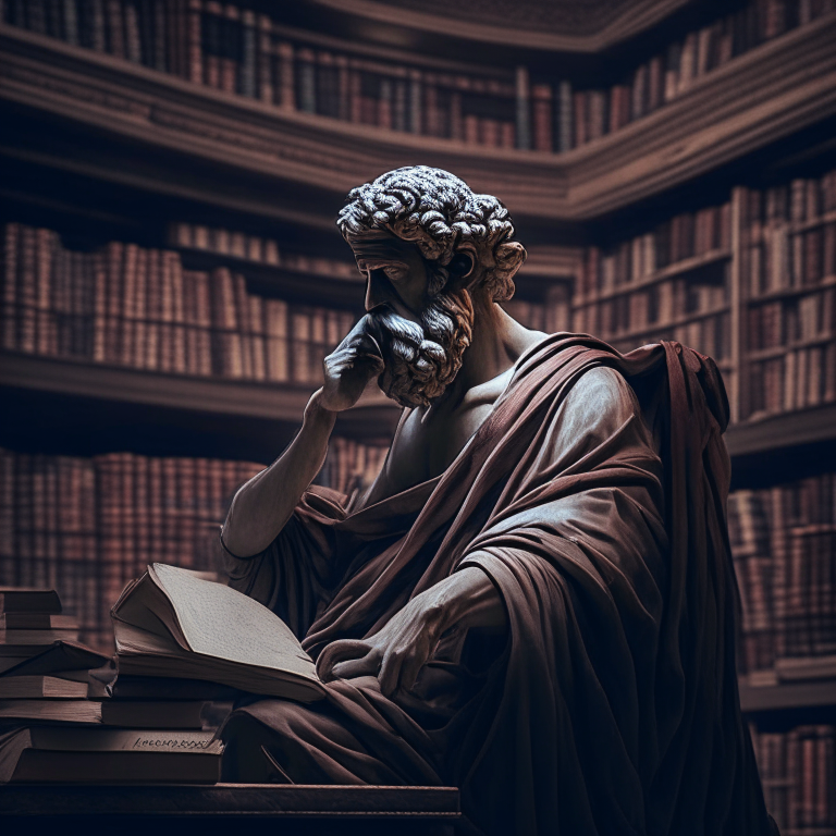 stoic philosopher in a cozy library channeling the knowledge from the book