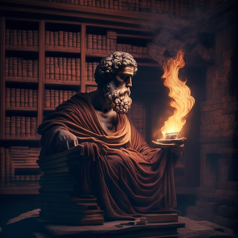 stoic philosopher in a fireplace
 library channeling the knowledge from the book