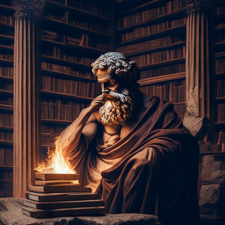 stoic philosopher in a fireplace
 library channeling the knowledge from the book