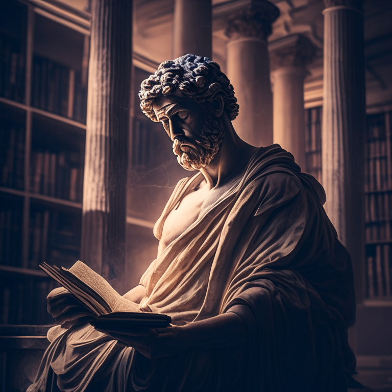 stoic philosopher in a morning lit library channeling the knowledge from the book