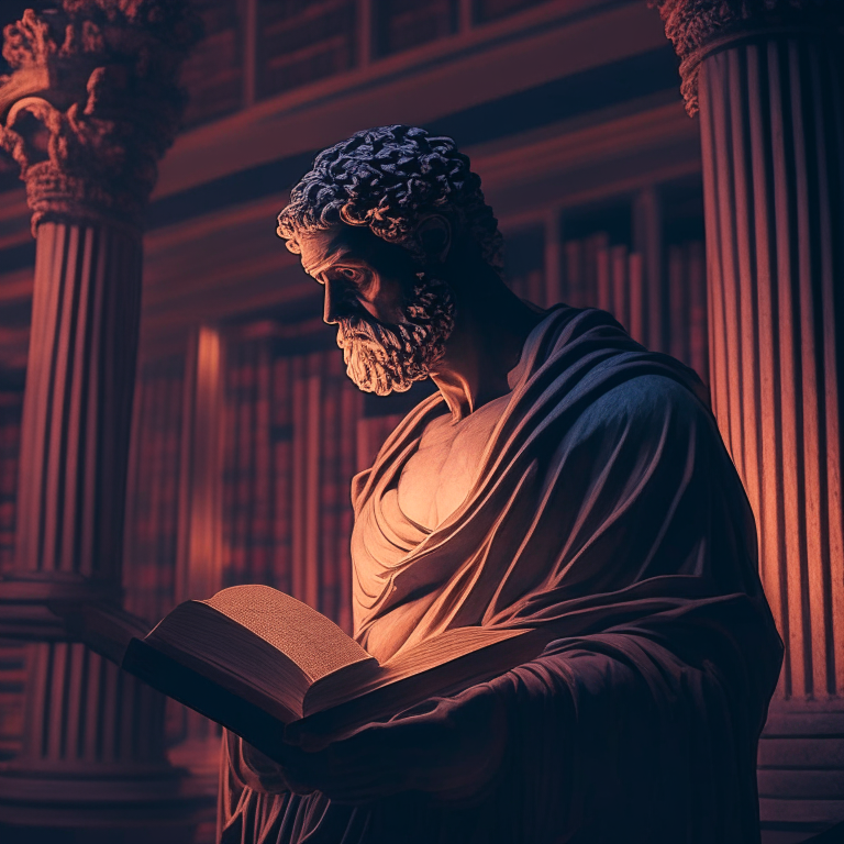 stoic philosopher in a dawn lit library channeling the knowledge from the book