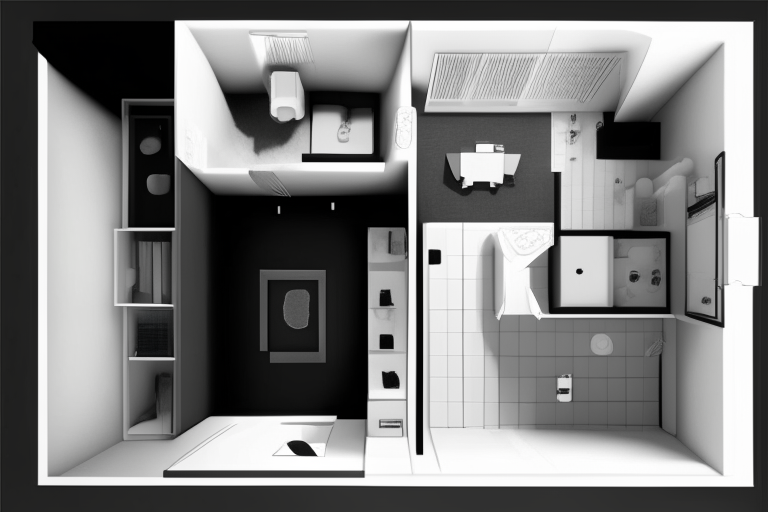 Un plano en blanco y negro de una pequeña casa de 5x4 metros con líneas de piso indicando las áreas de baño, cocina, comedor y dormitorio. El baño está en la esquina superior izquierda, la cocina en la esquina inferior izquierda, el comedor en el centro y el dormitorio ocupa la mitad derecha.