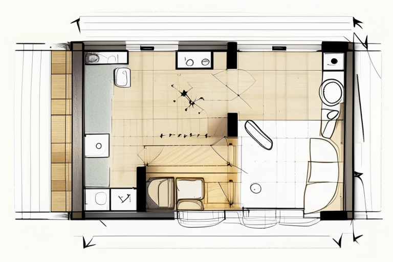 hand-drawn floor plan, 5x4m, bathroom, sleeping area, cooking area, eating area