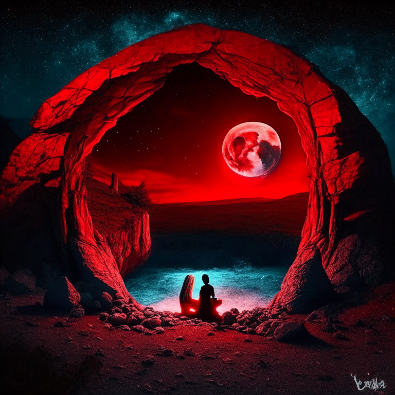 Black Rock Nether portal, couple camping in love, ❤️, moon, a red bed center image
