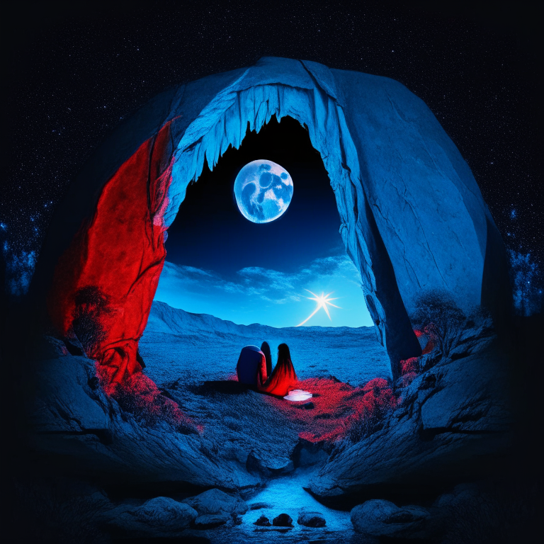 Black Rock Nether portal, couple camping in love, ❤️, moon, a "red bed" center image but blue tone
