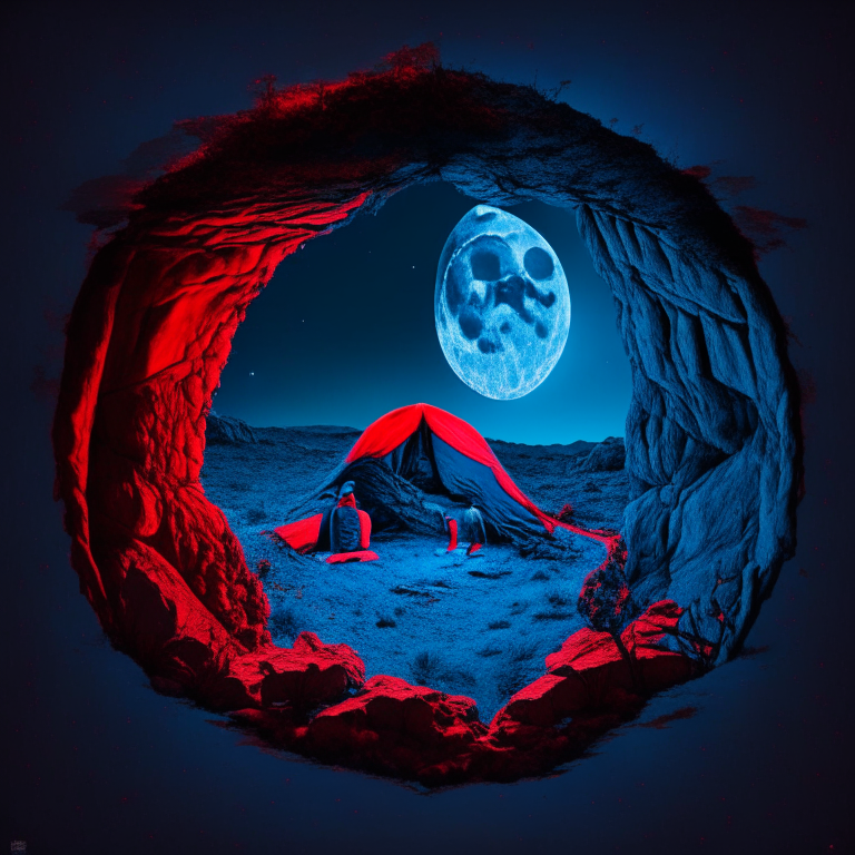 Black Rock Nether portal, couple camping in love, ❤️, moon, a "red bed" center image, blue tone except the red bed
