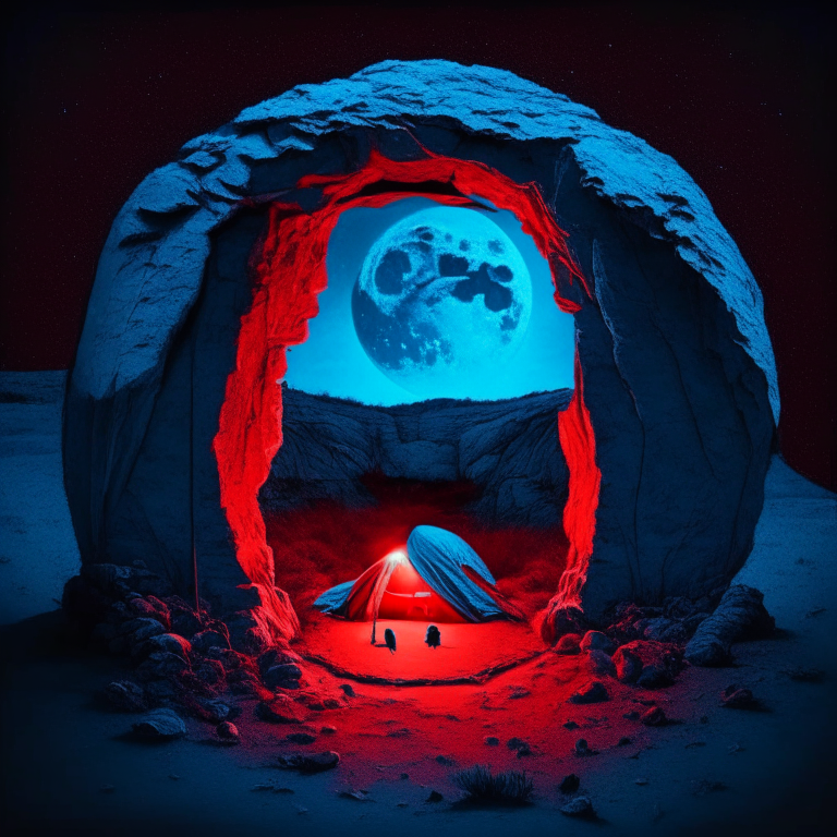 Black Rock Nether portal, couple camping in love, ❤️, moon, a "red bed" center image, blue tone except the red bed
