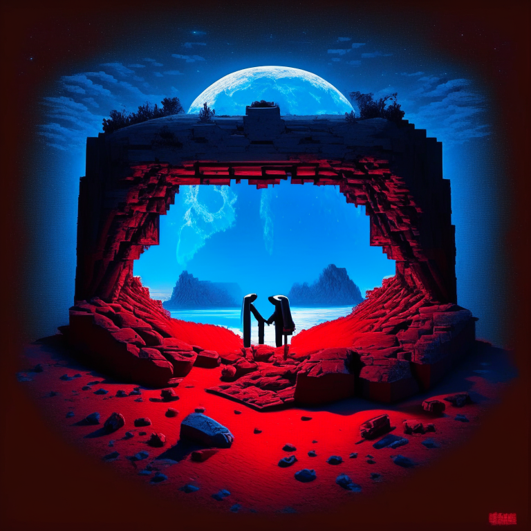 Black Rock Nether portal, couple camping in love, ❤️, moon, a "red bed" center image, blue tone except the red bed, Minecraft bed
