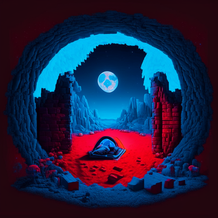 Black Rock Nether portal, couple camping in love, ❤️, moon, a "red bed" center image, blue tone except the red bed, Minecraft bed
