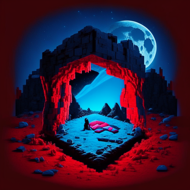 Black Rock Nether portal, couple camping in love, ❤️, moon, a "red bed" center image, blue tone except the red bed, Minecraft bed
