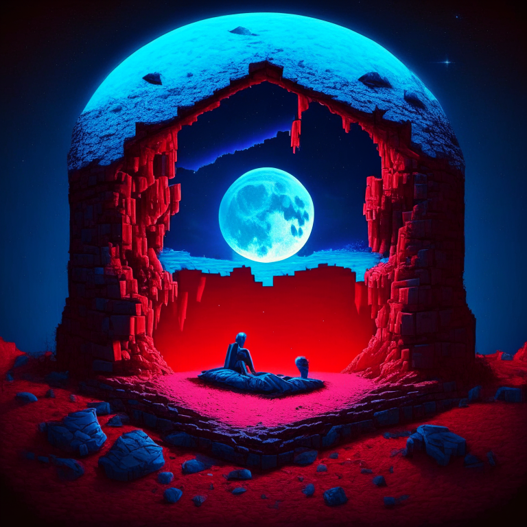 Black Rock Nether portal, couple camping in love, ❤️, moon, a "red bed" center image, blue tone except the red bed, Minecraft bed
