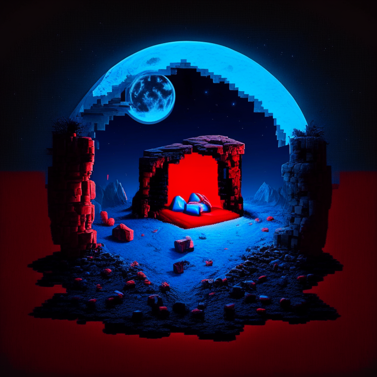 Black Rock Nether portal, couple camping in love, ❤️, moon, a "red bed" center image, blue tone except the red bed, Minecraft bed
