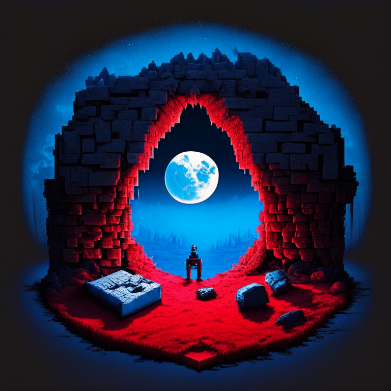 Black Rock Nether portal, couple camping in love, ❤️, moon, a "red bed" center image, blue tone except the red bed, Minecraft bed, knight in silver armor
