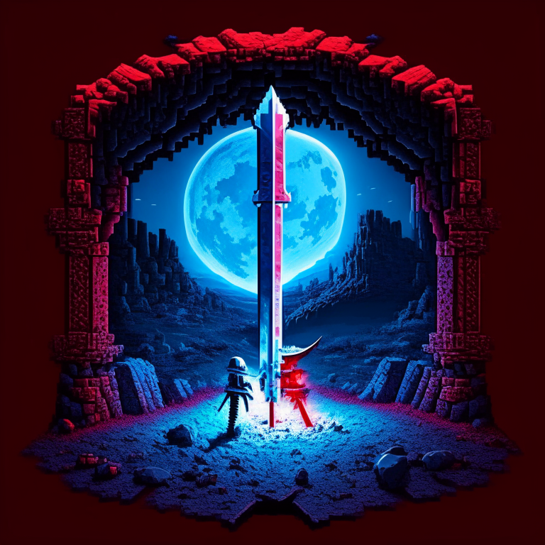 Black Rock Nether portal, couple camping in love, ❤️, moon, a "red bed" center image, blue tone except the red bed, Minecraft bed, knight in silver armor sword sheild
