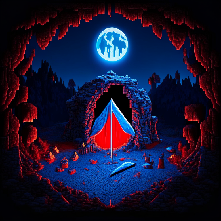 Black Rock Nether portal, camping, campfire, moon, a "red bed" center image, blue tone except the red bed, Minecraft bed, knight in silver armor ,sword sheild
