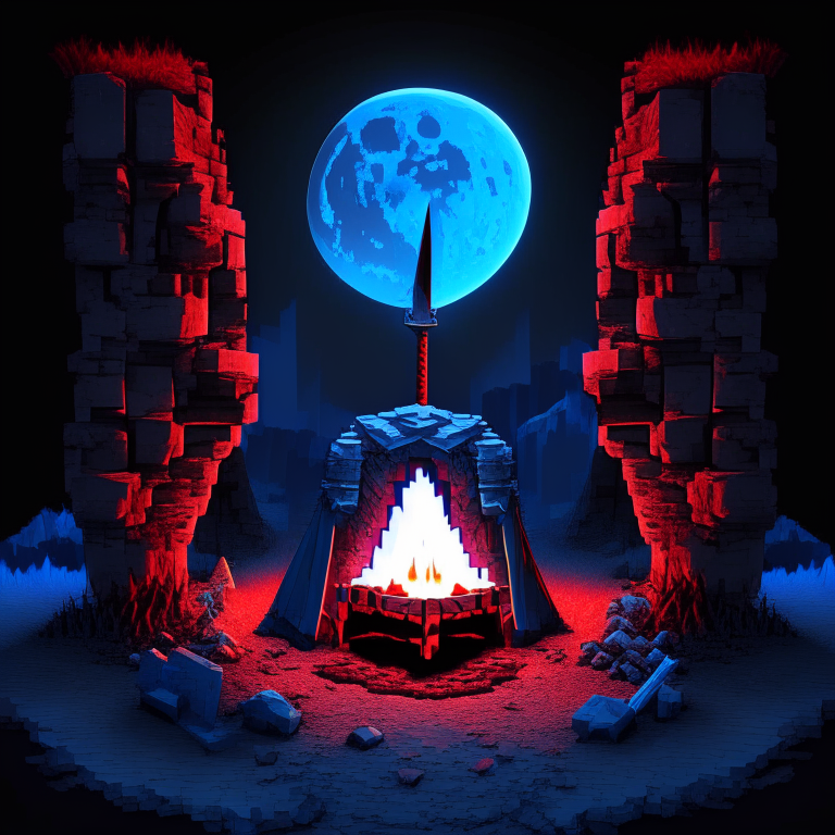 Black Rock Nether portal, camping, campfire, moon, a "red bed" center image, blue tone other, Minecraft bed, knight in silver armor ,sword sheild
