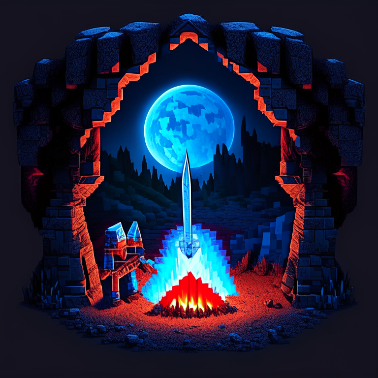 Black Rock Nether portal, camping, campfire, moon, a "red bed" center image, blue tone other, Minecraft bed, knight in silver armor ,sword sheild
