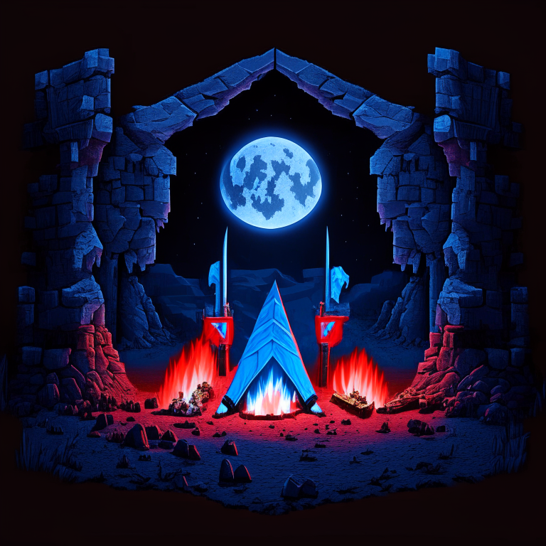 Black Rock Nether portal, camping, campfire, moon, a "red bed" center image, blue tone other, Minecraft bed, 2 knights in silver armor ,swords, sheilds
