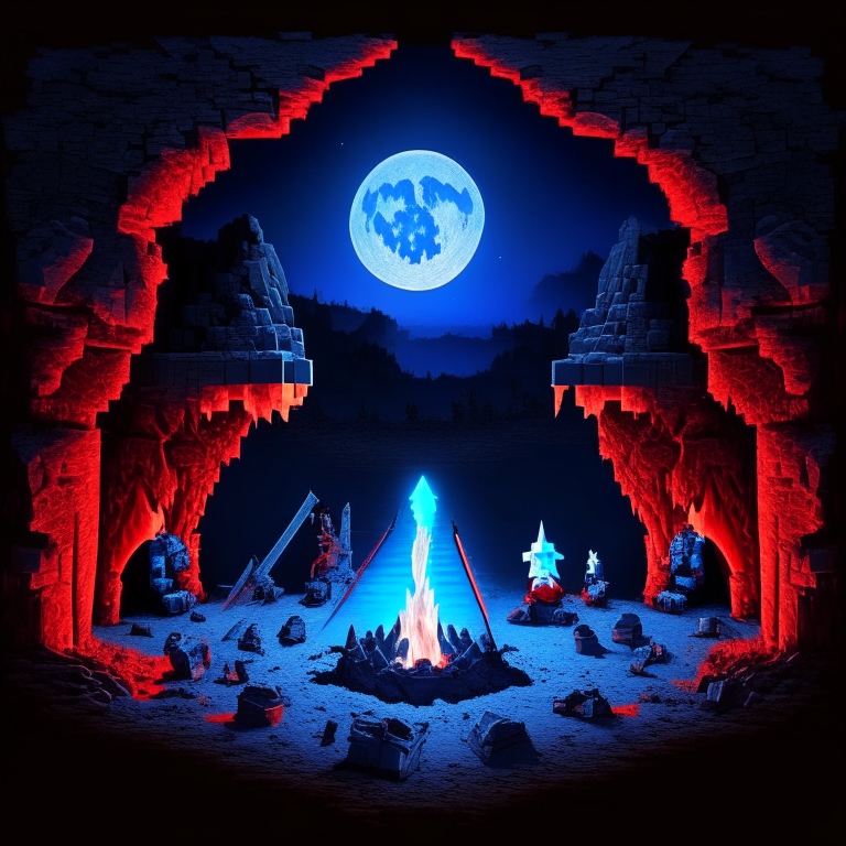 Black Rock Nether portal, camping, campfire, moon, a "red bed" center image, blue tone other, Minecraft bed, 2 knights in silver armor ,swords, sheilds
