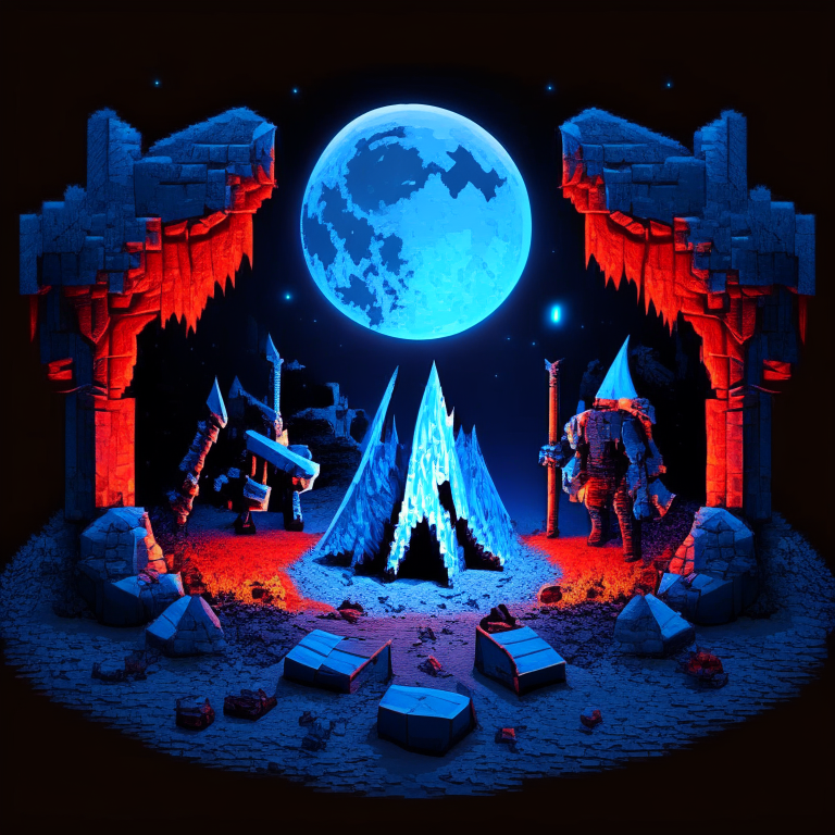 Black Rock Nether portal, camping, campfire, moon, a "red bed" center image, blue tone other, Minecraft bed, 2 knights in silver armor ,swords, sheilds
