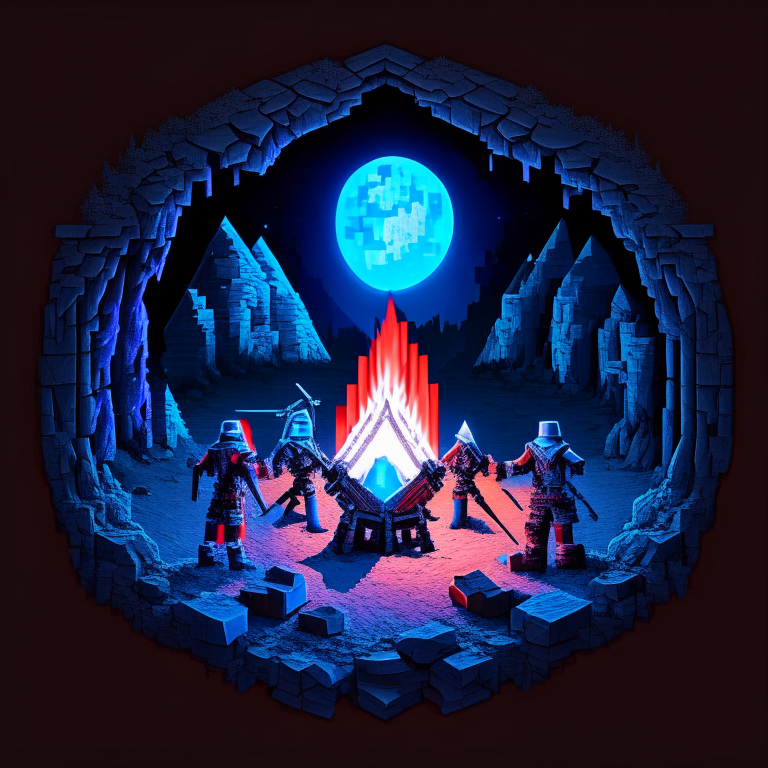 Black Rock Nether portal, knights, camping, campfire, moon, a "red bed" center image, blue tone other, Minecraft bed, 2 knights in silver armor ,swords, sheilds
