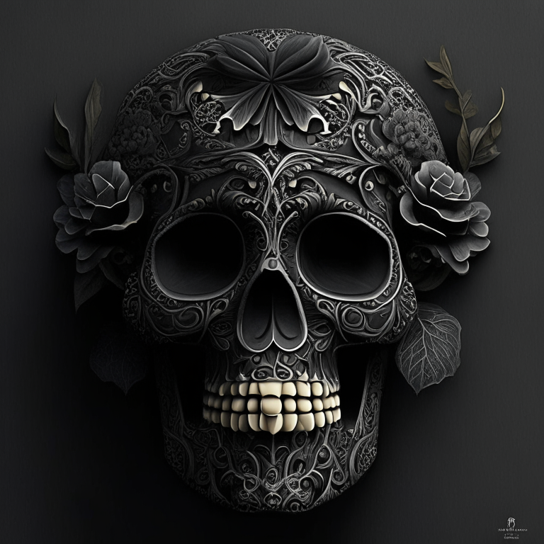 una calavera negra con detalles finos