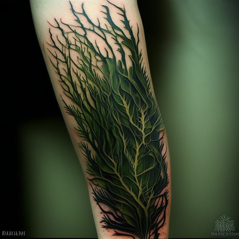 un tatuaje de algas kelp enredadas en un patrón tribal