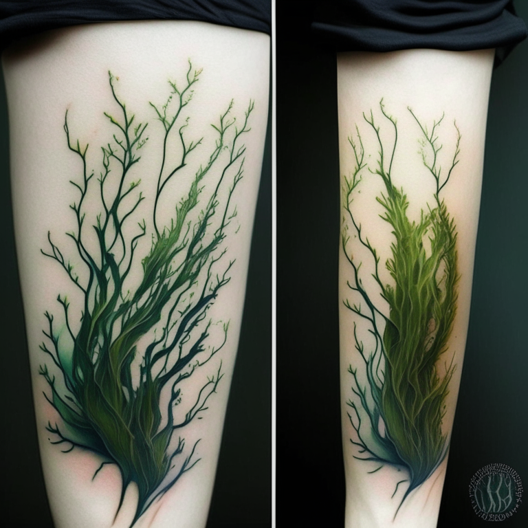 un tatuaje de algas kelp largas y ondulantes sobre un fondo blanco