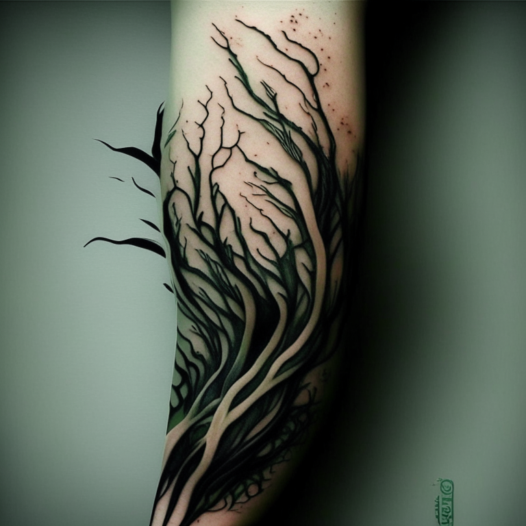un tatuaje de algas kelp enredadas en un patrón tribal sobre un fondo blanco
