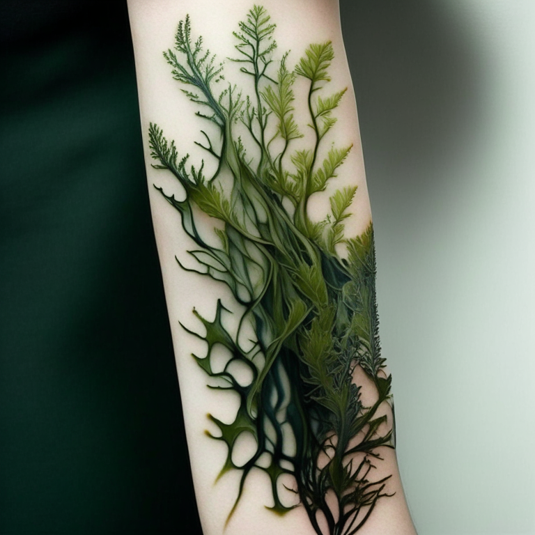 un tatuaje de algas kelp con hojas anchas y rizadas sobre un fondo blanco