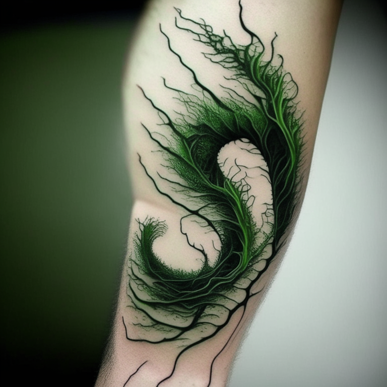 un tatuaje de algas kelp en espiral sobre un fondo blanco