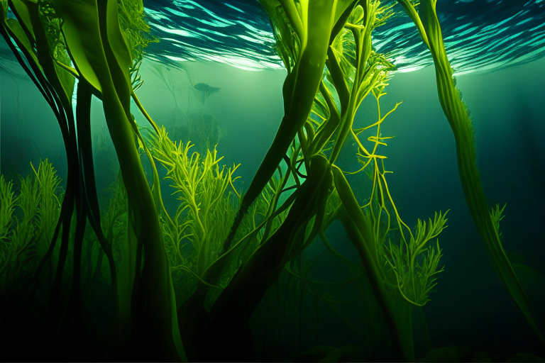 algas kelp largas y ondulantes bajo el agua, vista frontal