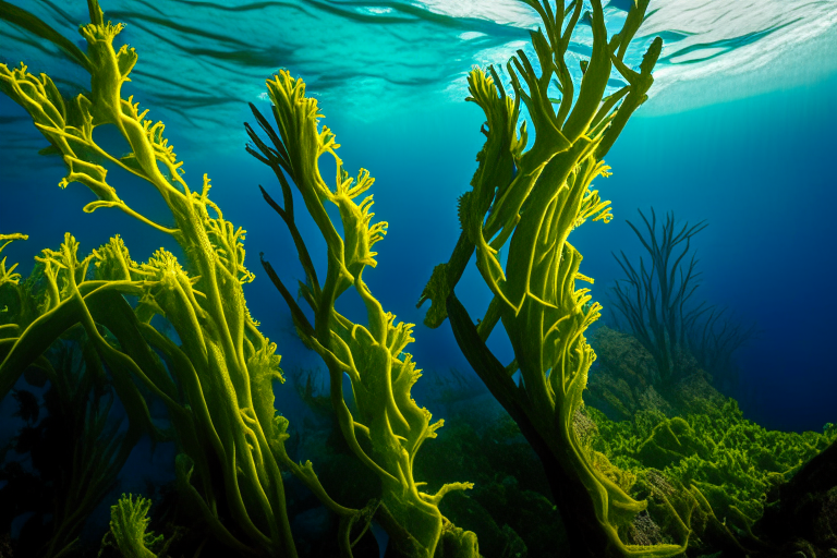 algas kelp enredadas en un arrecife de coral, vista lateral