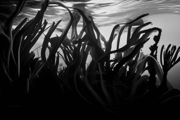 algas kelp largas y ondulantes bajo el agua, vista frontal en blanco y negro