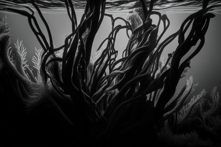 algas kelp enredadas en un arrecife de coral, vista lateral en blanco y negro