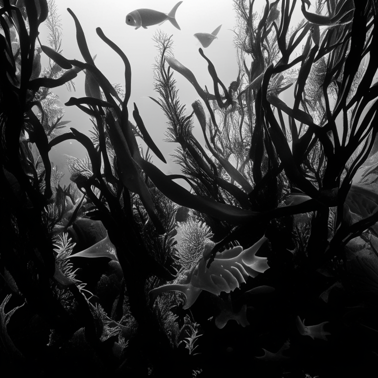 algas kelp con peces nadando entre sus hojas, vista superior en blanco y negro
