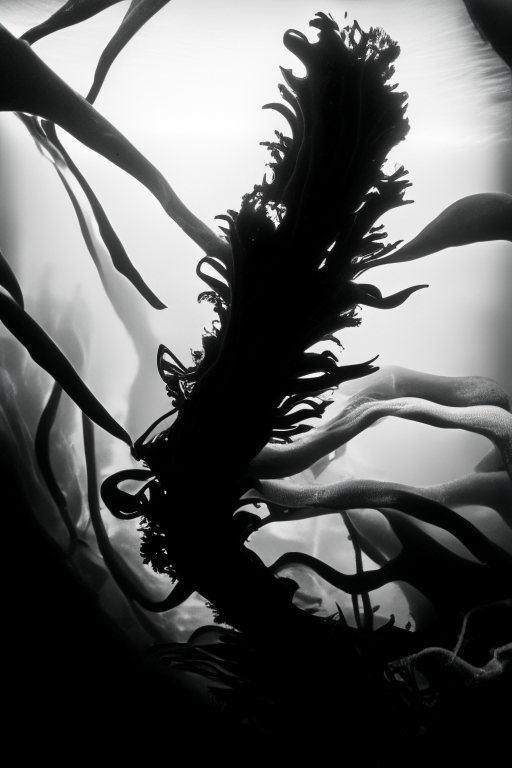 algas kelp en espiral en la profundidad del océano, vista inferior en blanco y negro