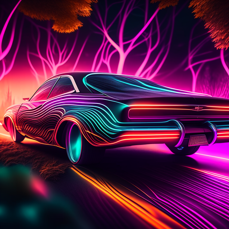 "70s Car Goes Digital Detailed, Wave Replay, Artificial Waves, 8k", Wave 7: "Blurry, True To Life, Undistorted, Focus, High Resolution, Trees, City"