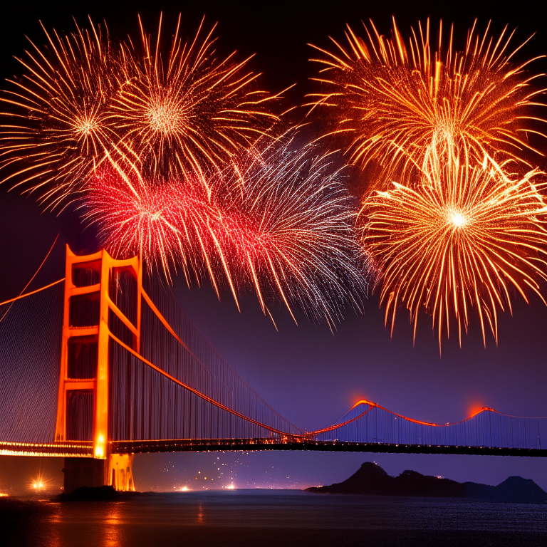 Golden Gate Bridge, San Francisco, night time, 4th of July fireworks display, independence day celebration, dramatic sky, long exposure