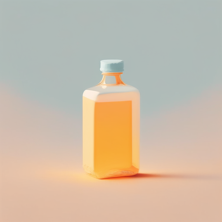 a glass bottle with an orange on top, square, minimalistic, pastel color palette