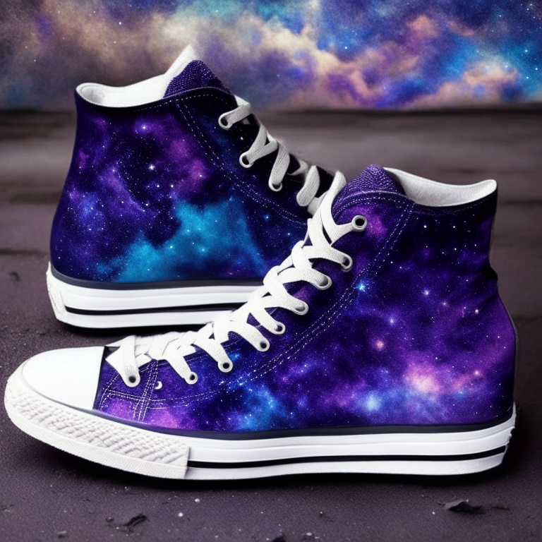 a pair of galaxy sneakers, purple and blue colors, stars and nebulae pattern, lace-up shoes