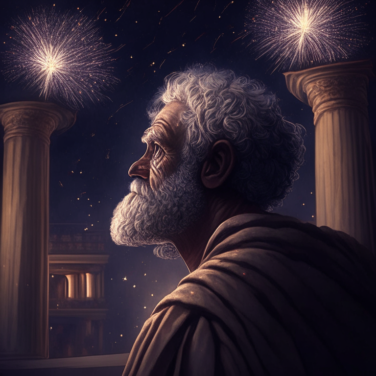 old stoic philosopher looking up at the fireworks from the 4th of jully inside his cozy mansion in a ultrarealistic manner