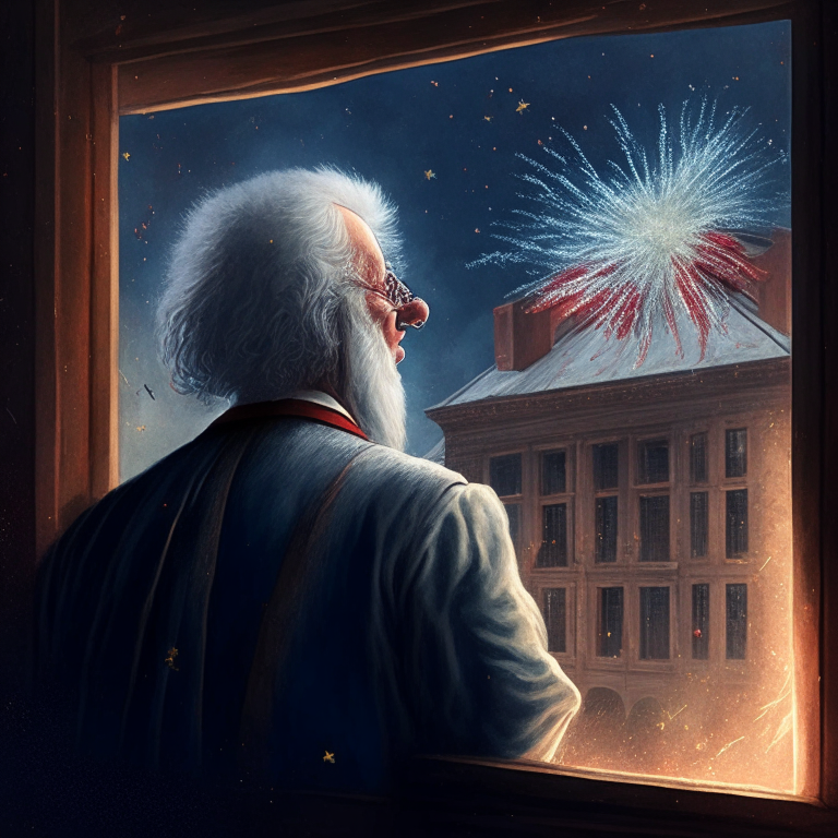 Old Philospiher looking out from his mansion into the fireworks during the fourth of July, America Independence Day,in a Ultrarealistic manner