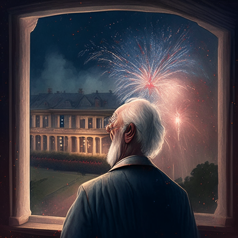 Old Philospiher looking out from his mansion into the fireworks during the fourth of July, America Independence Day,in a Ultrarealistic manner