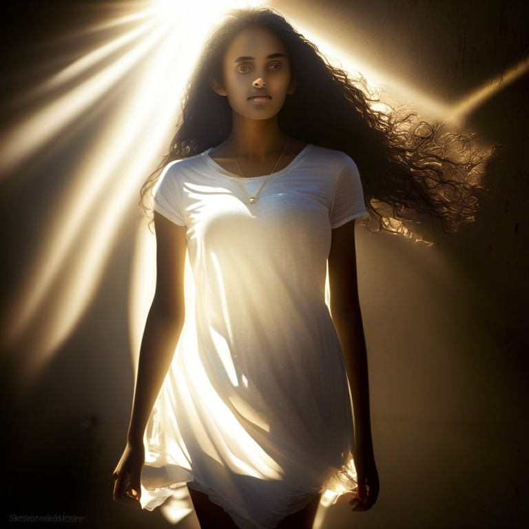 Noella Rukundo 18 year old, beautifull, Ladies, light effect, full body, dress modestly, wear a t-shirt, 1 person, sunlight effect

