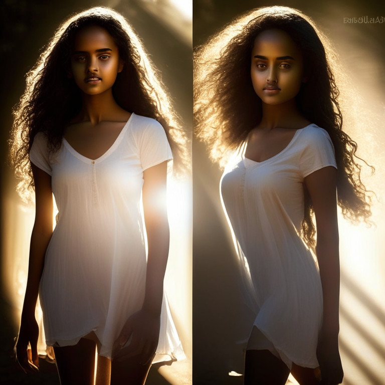 Noella Rukundo 18 year old, beautifull, Ladies, light effect, full body, dress modestly, wear a t-shirt, 1 person, left sunlight effect

