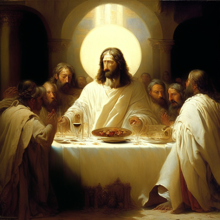 Una pintura del Renacimiento que muestra a Dios sentado en una mesa larga en el centro de una aldea, comiendo y bebiendo vino con varios aldeanos humildes que lo rodean. Dios está vestido con una túnica blanca y una aureola dorada sobre su cabeza. La escena transmite un sentimiento de comunidad y celebración