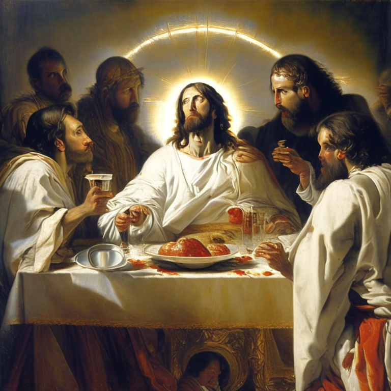 Una pintura del Renacimiento editada que muestra a Dios sentado en una mesa larga en el centro de una aldea, comiendo pasta y bebiendo Coca Cola con varios aldeanos humildes que lo rodean. Dios está vestido con una túnica blanca y una aureola dorada sobre su cabeza. La escena transmite un sentimiento de comunidad y celebración moderna