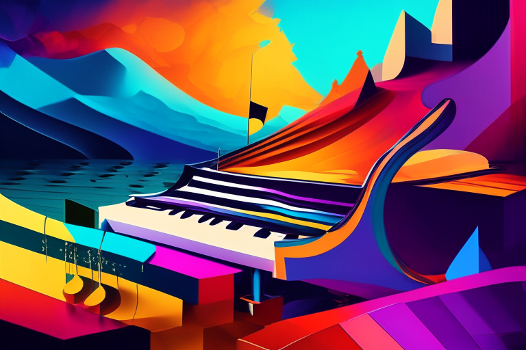 Un paisaje abstracto de colores brillantes con formas geométricas que representan un piano, un sintetizador, un violín, un bandoneón y sonidos ambientales. Estilo STYNHWAVE.