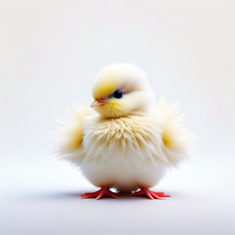 Feature a picture of a fluffy baby chicken ,disney cartoon style, white background. pexels, award winning photography